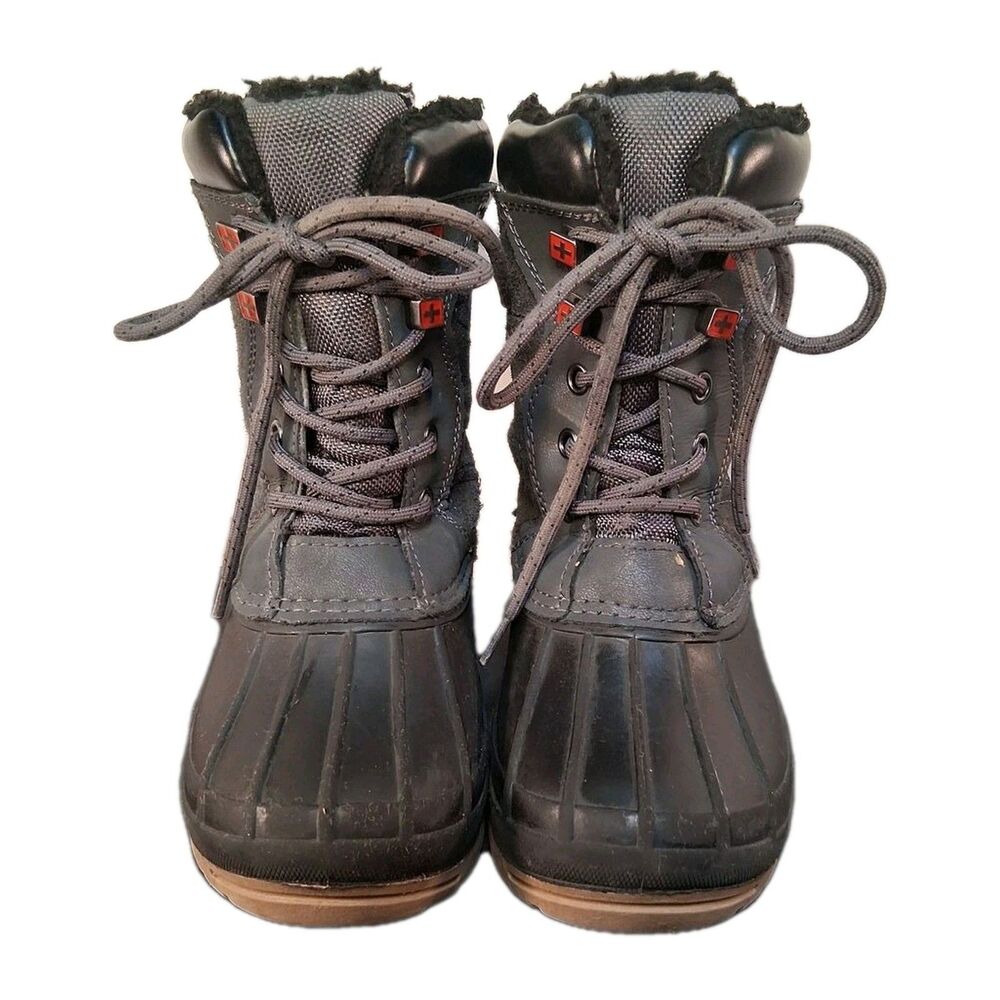 Kid's Snow Winter Lace Up Duck Boots Swiss Tech Size 10 Black Gray